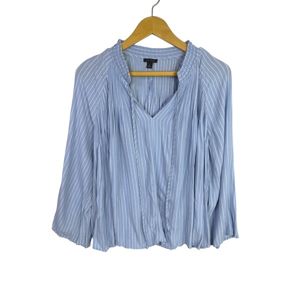 Ann Taylor Tops - Ann Taylor Womens Blue White Striped Smocked V-Neck Pleated Viscose Blouse Sz M